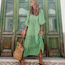 Summer Puff Sleeve Long Dress Women Geometric Print Splicing Half Sleeve Dress Elegant V-Neck Loose Holiday Beach Dress Vestidos