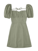 XNWMNZ women white fashion linen blend dress female square neck short puff sleeves backless crossover straps dress for women's