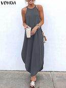 Printed Maxi Dresses VONDA Bohemian Sexy Sleeveless Sundress Women Causal Halter Summer Beach Dress Asymmetric Long Dresses