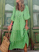 Boho Maxi Dress Women Floral Print Summer Holiday Beach Dress Female Short Puff Sleeve Loose Sundress Green Vestidos Mujer