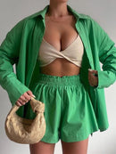 Casual Womem Yellow Lounge Wear Summer Tracksuit Shorts Set Long Sleeve Shirt Tops And Mini Shorts Suit 2021 New Two Piece Set