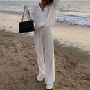 Ladies Shirt Suits Pleated Notched Single-Breasted Female Cardigan Two-Piece Loose Shirts and High-Waist Wide-Leg Pants Sets