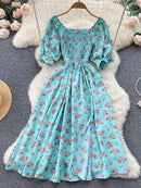 YuooMuoo Limited Big Sale Women Dress Fashion Romantic Floral Print Split Long Summer Dress Puff Sleeve Party Korean Vestidos