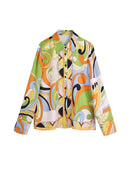 TFMLN 2022 Summer Women 2PCS Print Blouses+Skirts Set New Turn Down Collar Long Sleeve Tops High Waist Dress Girl Outfits