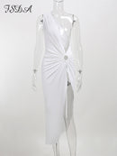 FSDA Hollow Out Women Midi Beach Dress White One Shoulder Sleeveless 2022 Summer Y2K Sexy Dresses Bodycon Party Nightclub