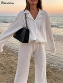 Ladies Shirt Suits Pleated Notched Single-Breasted Female Cardigan Two-Piece Loose Shirts and High-Waist Wide-Leg Pants Sets