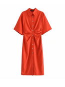 TRAF Women Chic Fashion Button-up Draped Midi Shirt Dress Vintage Short Sleeve Side Zipper Female Dresses Vestidos
