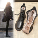 Pofulove Winter Boots Women Shoes Black Leather Boots Fur Ankle Booties Velvet Plush Warm Platform Shoes Fashion Designer Botas