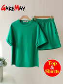 Green Suit Shorts with T-shirt for Women and Top Loose Oversize 100% Cotton Summer Two Piece Set Women Classic Tracksuit Casual