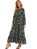 Women Elegant Floral Printed Long Dresses Spring Summer Casual O Neck Long Sleeve Ladies Chic High Waist A Line Beach Dresses