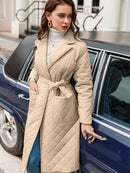 Simplee Long straight winter coat with rhombus pattern Casual sashes women parkas Deep pockets tailored collar stylish outerwear