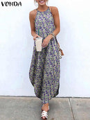 Printed Maxi Dresses VONDA Bohemian Sexy Sleeveless Sundress Women Causal Halter Summer Beach Dress Asymmetric Long Dresses