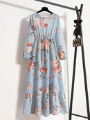 Women Elegant Floral Printed Long Dresses Spring Summer Casual O Neck Long Sleeve Ladies Chic High Waist A Line Beach Dresses