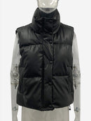 Elina Black Stand Collar Vests Women Fashion Zipper PU Leather Coats Women Elegant Autumn Winter Short Vests Female Ladies IAC