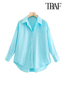 TRAF Women Fashion Loose Asymmetry Poplin Blouses Vintage Long Sleeve Button-up Female Shirts Blusas Chic Tops