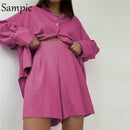 Sampic Women Blue Suit 2022 Casual Loose Long Sleeve Shirt Summer Tops And Mini Shorts Fashion Tracksuit Two Piece Set Outfits