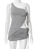 Jacqueline 2022 Drawstring Dress Summer Sets Womens Outfits Sexy One Shoulder Crop Top and Mini Skirts Sets Co-Ord Club Party