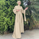 Muslim Fashion Women Islamic Satin Dress Hijab Arabic Pleated Abaya Dubai Balloon Sleeve with Ribbon Eid Mubarak Turkish Dresses