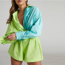 Women Casual Tracksuit Shorts Set Summer Long Sleeve Shirt Tops And Mini Drawstring Shorts Suit Lounge Wear Two Piece Set