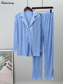 Ladies Shirt Suits Pleated Notched Single-Breasted Female Cardigan Two-Piece Loose Shirts and High-Waist Wide-Leg Pants Sets