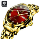 QINGXIYA Top Brand Luxury Gold Red Quartz Watch Men Stainless Steel Luminous Waterproof Watches Week Calendar Business Watch Men