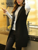 Sungtin Classic Women Long Blazer Vest Elegant Office Lady Coat Female Waistcoat Causal Suits Sleeveless Jacket Pocket Outwear