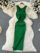 ALPHALMODA 2021 Summer Hollow Out Twisted Back Sleeveless High Slit Sexy Women Knitted Dress Solid Color Feminine Mid-calf Dress