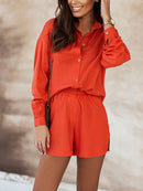 Print Shorts Suits Woman Vintage Long Sleeve Shirt And Short Pants Suit Two Piece Set Female Casual Outfit