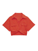 TRAF Women Fashion Front Knot Elastic Linen Cropped Shirts Vintage Short Sleeve Patch Pockets Female Blouses Blusa Chic Tops