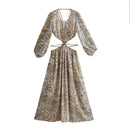 Women Elegant Print Backless Dress 2022 Summer Boho Long Sleeve Floral Hollow Out Dress Casual Loose Beach Vacation Lady Dresses
