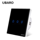 UBARO Eu AC100-240V Tempered Black White Crystal Glass Touch Switch Panel Wall Light Sensor Button 1/2/3 Gang 10A Interruptor