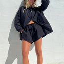 Women Casual Tracksuit Shorts Set Summer Long Sleeve Shirt Tops And Mini Drawstring Shorts Suit Lounge Wear Two Piece Set