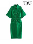TRAF Women Chic Fashion Button-up Draped Midi Shirt Dress Vintage Short Sleeve Side Zipper Female Dresses Vestidos