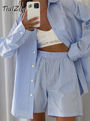 TiulZial Casual Women Short Set Tracksuit Loungewear Two Piece Women Outfits Oversized Long Shirt And High Waist Shorts Green