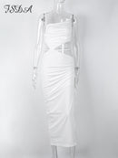 FSDA Green Beach Midi Dress Bodycon Women Hollow Out 2022 Summer White Sleeveless Backless Sexy Dresses Casual
