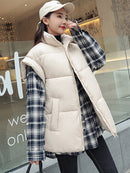 Women Thick Down Cotton Vest Winter Autumn Solid Puffer Waistcoat for Female Stand Collar Loose Sleeveless Vest Jacket Coat