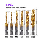 1-6pc M3 M4 M5 M6 M8 M10 Tap Drill Bits 1/4 Hex Shank Machine Hand Taps Titanium Coated HSS Drilling Tap Bits Thread Screw Tools