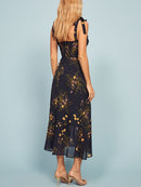Dresses For Women 2022 Elegant Vintage Floral Dress Frill Sweetheart Neck Sleeveless Strap Tie Ruffle Hem Summer Beach Dress