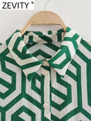ZEVITY New Women Vintage Geometric Print Pleats Casual Slim Midi Shirt Dress Female Chic Pleats Ruffles A Line Vestido DS395