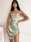 Dulzura Satin Women Strap Mini Dress Ruched Lace Up Cross Bandage Backless Bodycon Sexy Party Elegant 2020 Club Christmas Slim