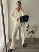 Clacive Causal Loose Home Suit Autumn Long Sleeve Blouse With High Wasit Pants Set Women Elegant Pleated Beige 2 Piece Pant Sets