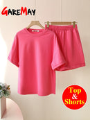 Green Suit Shorts with T-shirt for Women and Top Loose Oversize 100% Cotton Summer Two Piece Set Women Classic Tracksuit Casual