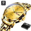 QINGXIYA Top Brand Luxury Gold Red Quartz Watch Men Stainless Steel Luminous Waterproof Watches Week Calendar Business Watch Men