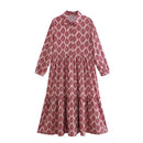 ZEVITY New Women Vintage Geometric Print Pleats Casual Slim Midi Shirt Dress Female Chic Pleats Ruffles A Line Vestido DS395