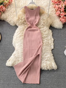 ALPHALMODA 2021 Summer Hollow Out Twisted Back Sleeveless High Slit Sexy Women Knitted Dress Solid Color Feminine Mid-calf Dress