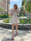 NewAsia Floral Dress Women Lantern Long Sleeve Ruched Print A Line Square Neck Tie up Mini Vestidos Sexy Chic Summer Beach Dress