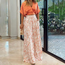 Wefads Womens Two Piece Sets Sexy Mid Sleeve Shirt Elgant Floral Print Wide Leg Pant High Streetwear