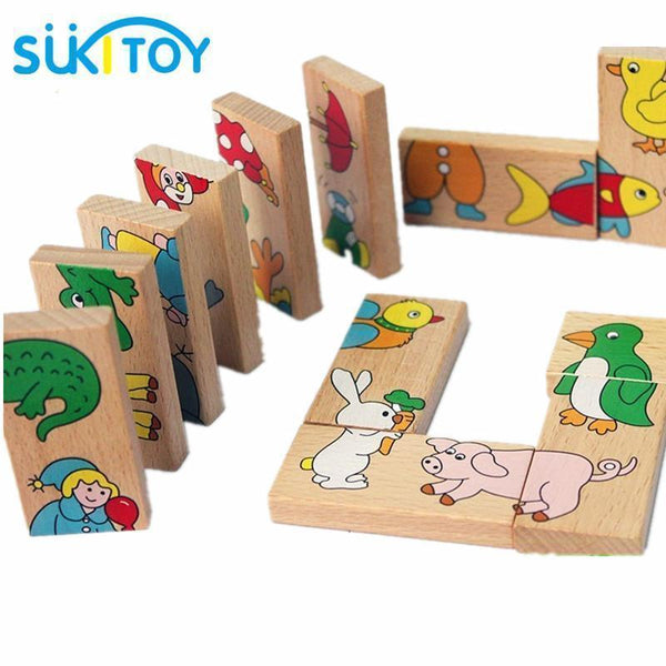 SUKIToy Kid's Soft Montessori Wooden Puzzle Toy Set  15pcs Animal Domino Puzzle high quality gift for infant WD084