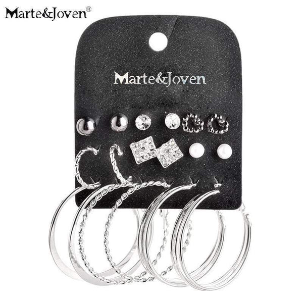[Marte&Joven] 2015 new style mixed 9 pairs Week stud earrings sets imitation pearl silver plating earring set for women