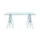Adjustable Writing Desk with Sawhorse Legs, Clear And Silver-Desks and Hutches-Clear And Silver-Metal-JadeMoghul Inc.